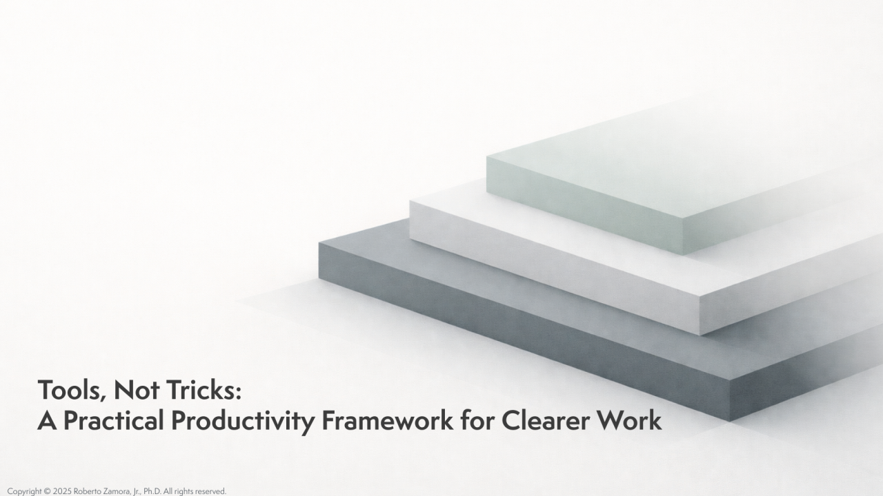 Tools, Not Tricks cover: three stacked platforms representing a practical framework for clearer work.