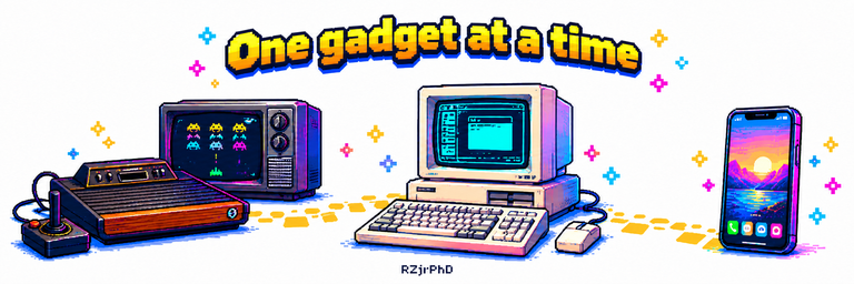One gadget at a time: Atari, desktop computer, and smartphone.