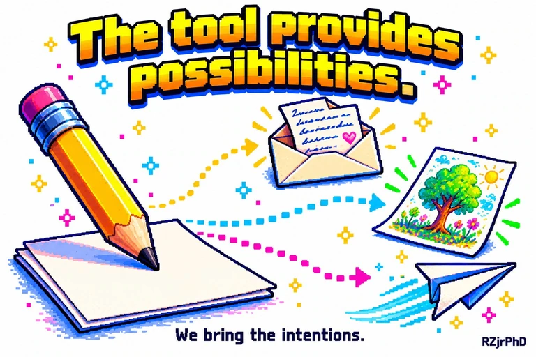 A pencil and paper lead to a letter, a drawing, and a paper airplane.