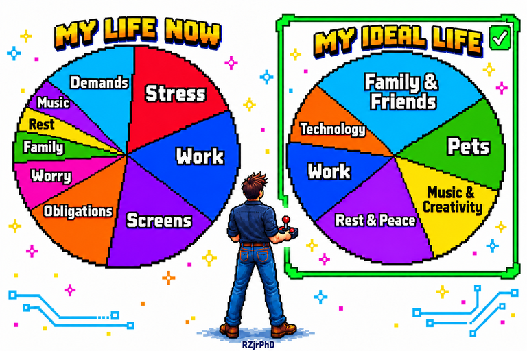 My life now and my ideal life, including Family and Friends.