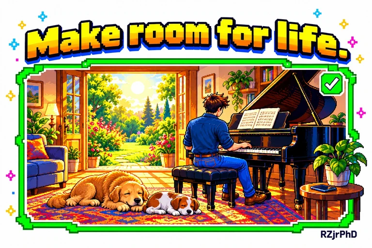 A pianist plays at home while two dogs rest nearby.