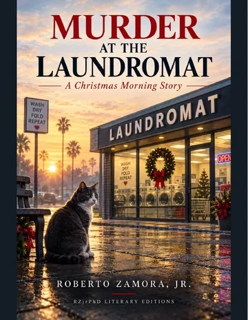 Murder at the Laundromat PDF cover: a cat outside a laundromat at sunrise, decorated for Christmas.