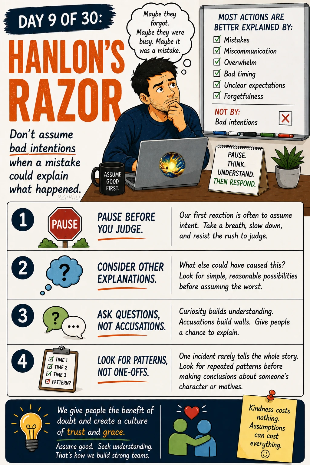 Day 09: Hanlon’s Razor. Illustrated Workplace Wisdom graphic in cream, navy, and orange, with a thoughtful man at a laptop. A checklist of possible explanations encourages pausing before assuming bad intentions.