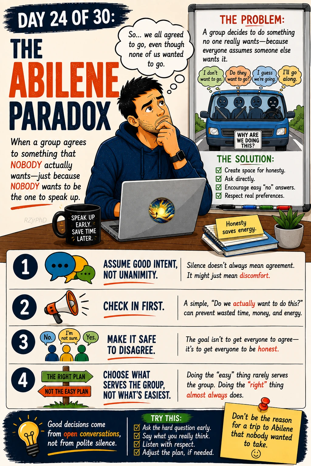 Day 24: The Abilene Paradox. Illustrated Workplace Wisdom graphic in cream, navy, and orange, with a thoughtful man at a laptop. A group riding in a car illustrates agreeing to a decision nobody actually wants.