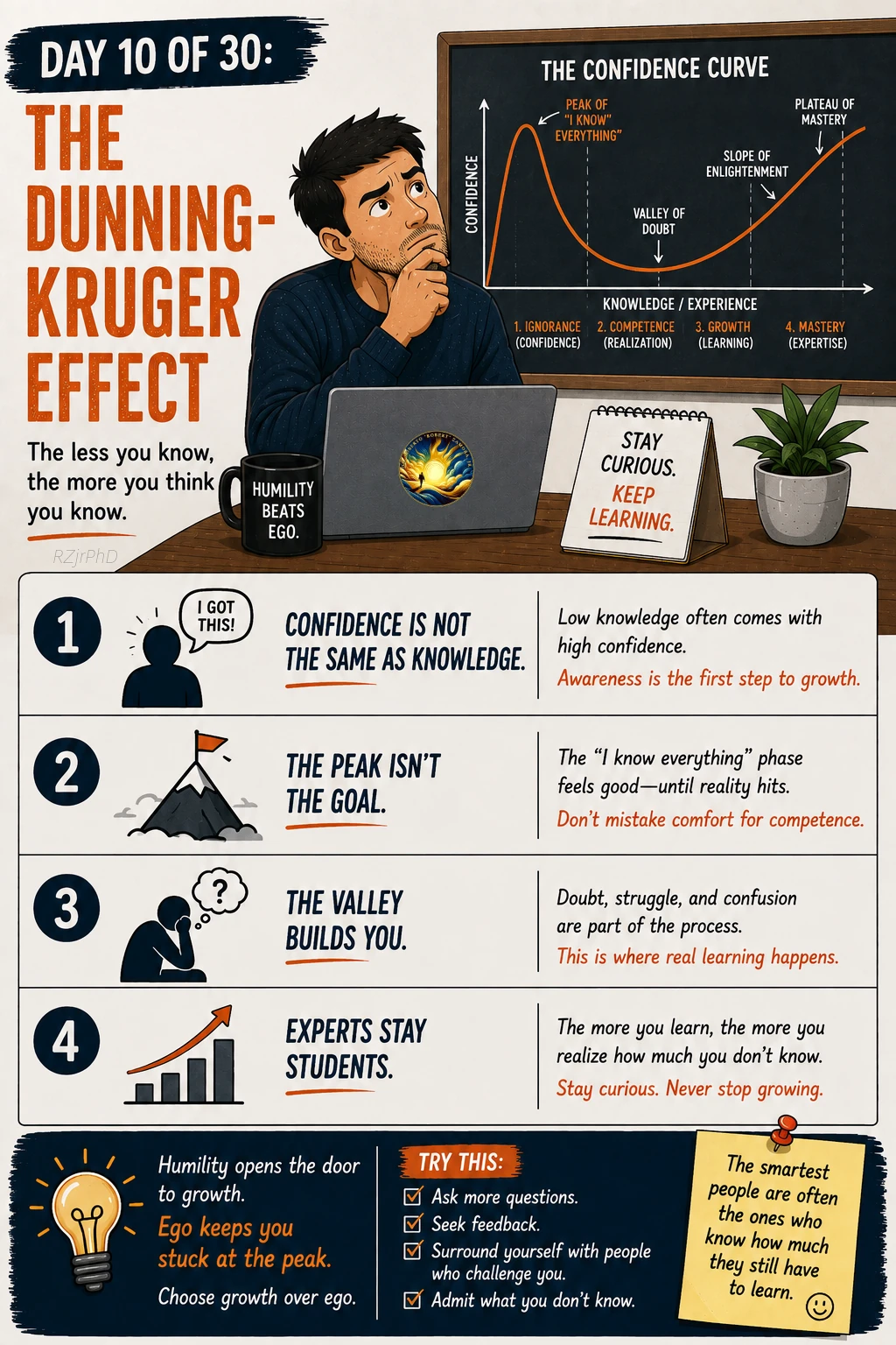 Day 10: The Dunning-Kruger Effect. Illustrated Workplace Wisdom graphic in cream, navy, and orange, with a thoughtful man at a laptop. A confidence curve plots overconfidence, doubt, learning, and mastery against experience.