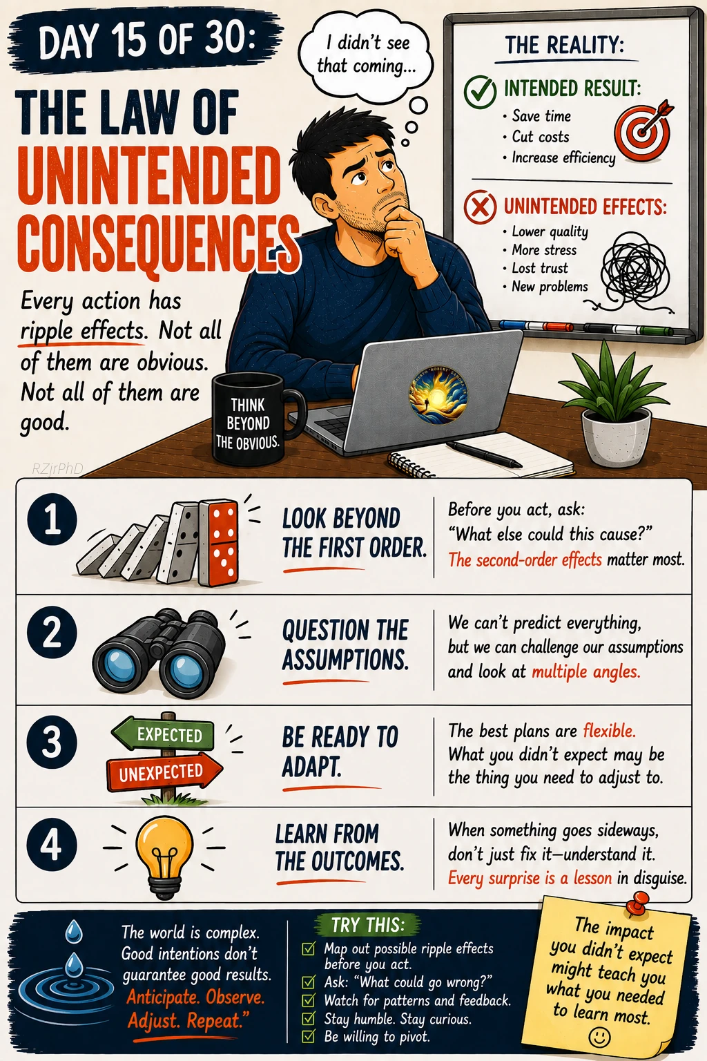 Day 15: The Law of Unintended Consequences. Illustrated Workplace Wisdom graphic in cream, navy, and orange, with a thoughtful man at a laptop. Dominoes and binoculars illustrate ripple effects and looking beyond immediate results.