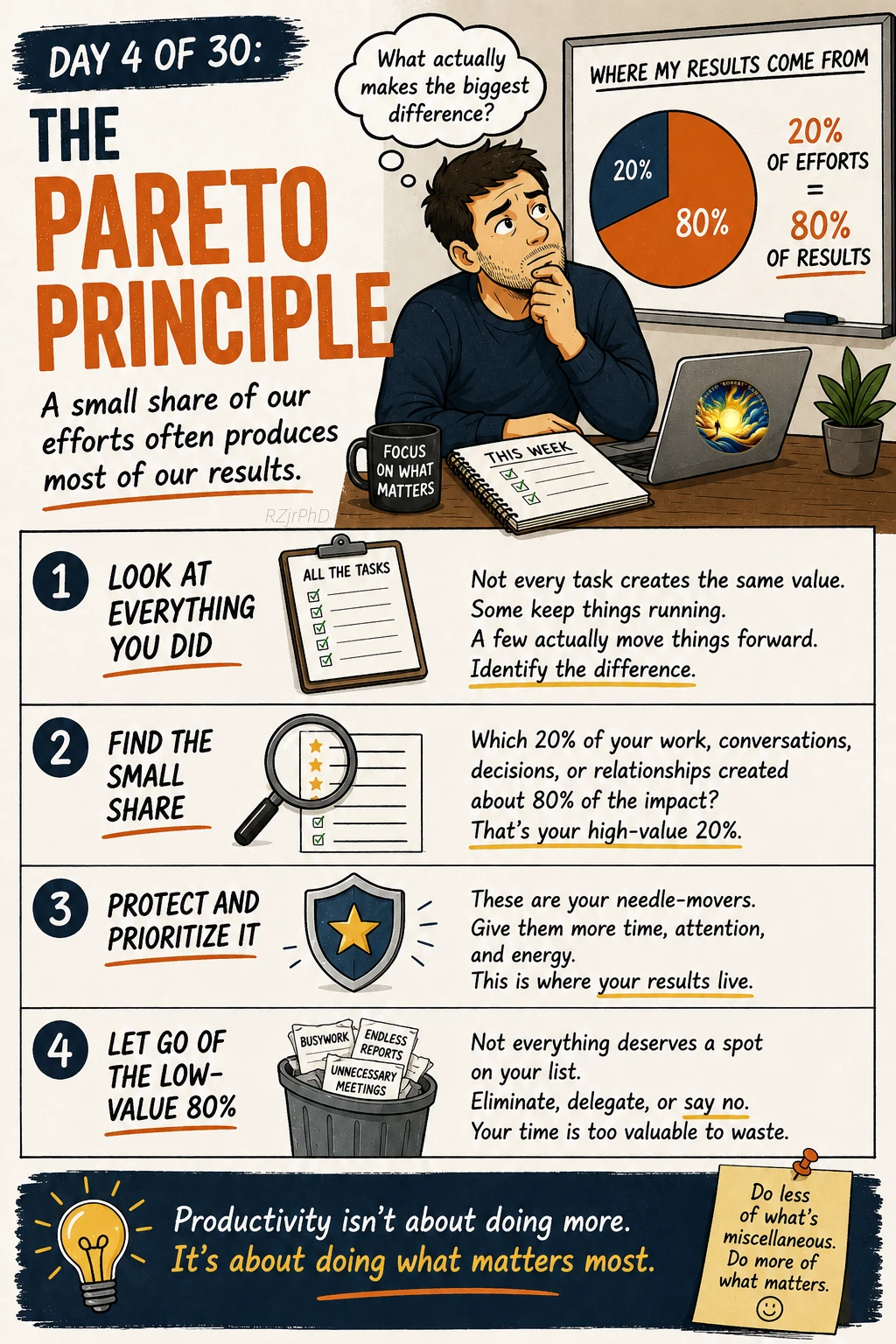 Day 04: The Pareto Principle. Illustrated Workplace Wisdom graphic in cream, navy, and orange, with a thoughtful man at a laptop. An 80/20 chart highlights the small share of effort producing most results.